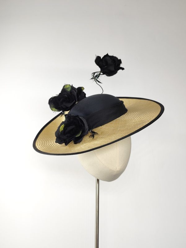 Vintage hat - Liliana with handmade silk rose twist - Black & Gold