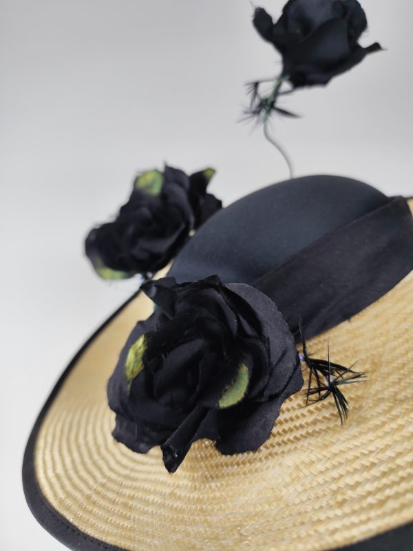 Vintage hat - Liliana with handmade silk rose twist - Black & Gold - Image 2