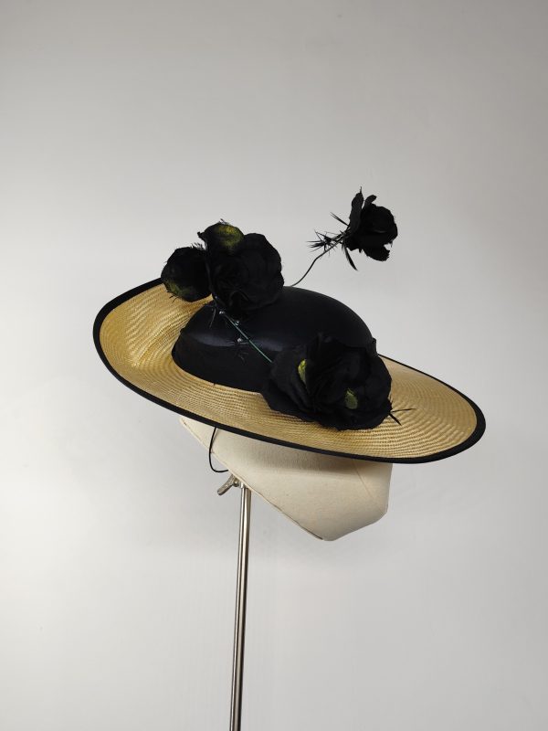 Vintage hat - Liliana with handmade silk rose twist - Black & Gold - Image 3